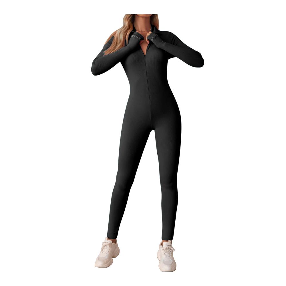Damen Yoga Jumpsuit mit Reißverschluss - Langarm Einteiler für Sport und Fitness