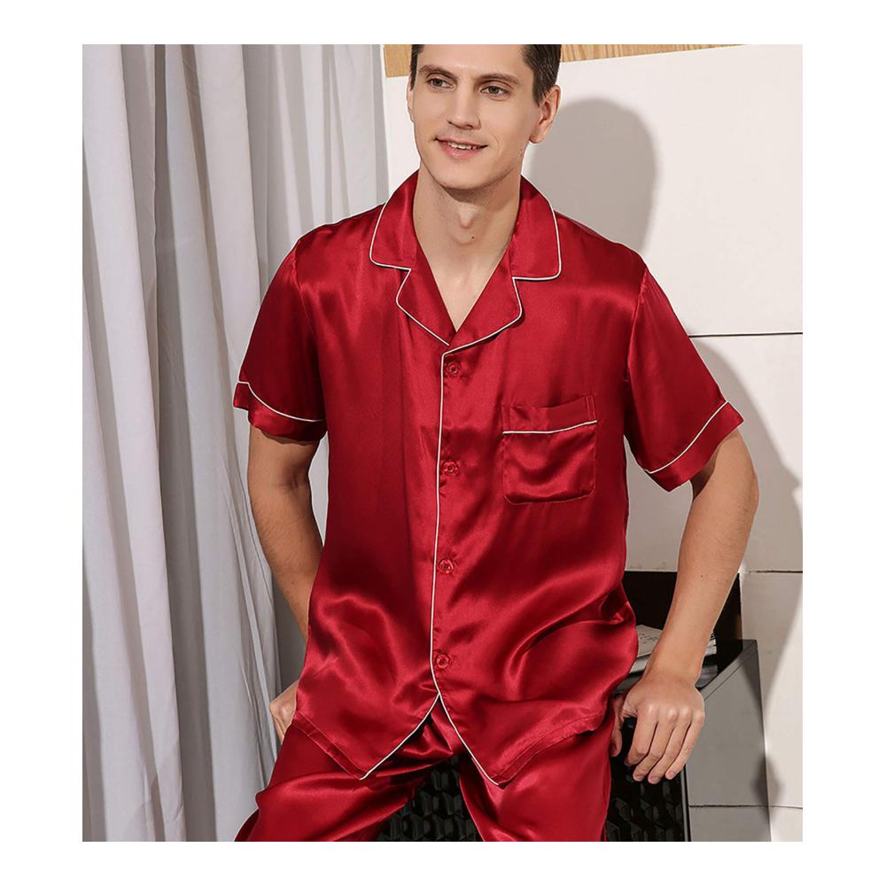 Herren Schlafanzug Set Button-Down Seidenpyjama mit Shorts (Rot L) - Bequemer Kurzarm Pyjama für erholsamen Schlaf
