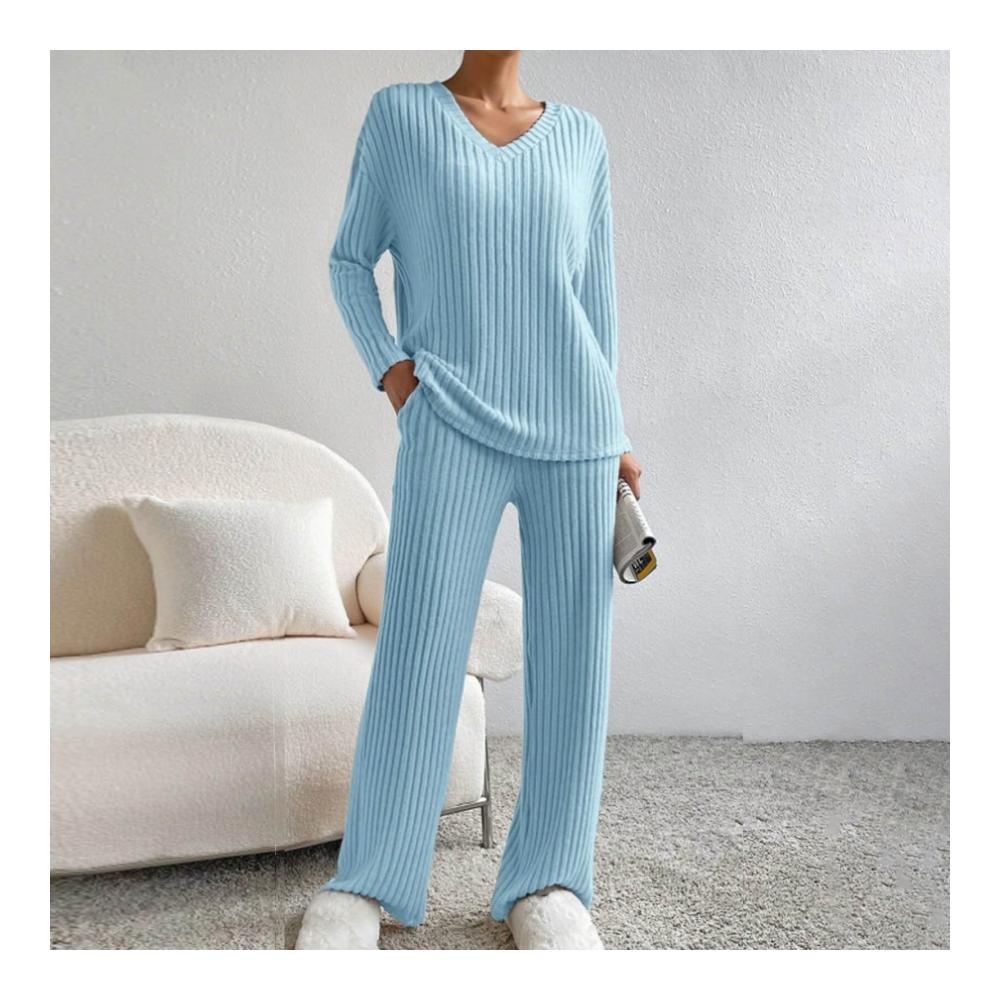 Damen Trainingsanzug Lockerer V-Ausschnitt-Pullover & lässige Hose für Jogging (2-teilig