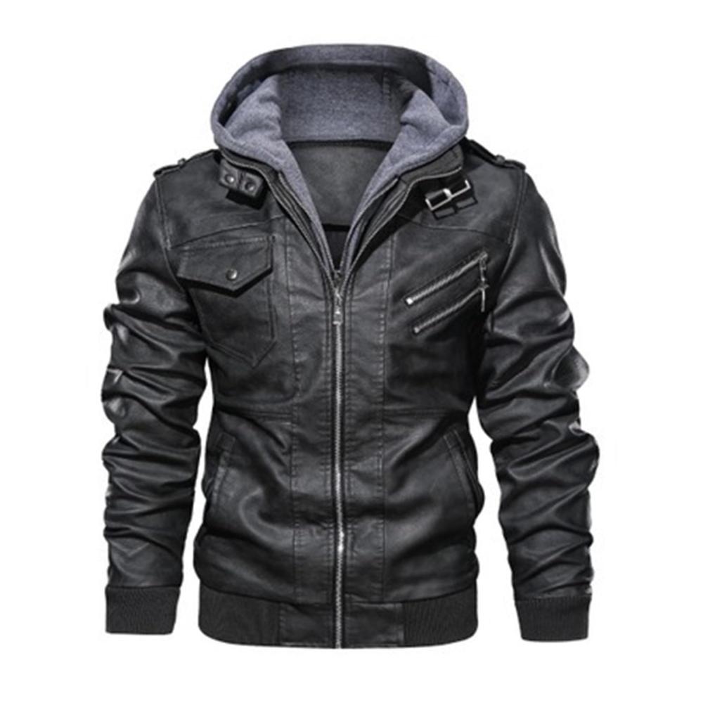 Herren PU Lederjacke mit Kapuze | Hochwertige Motorradjacke | Abnehmbare Hübsche Boutique Lederbekleidung | All-Match Slim Fit Mode Jacke