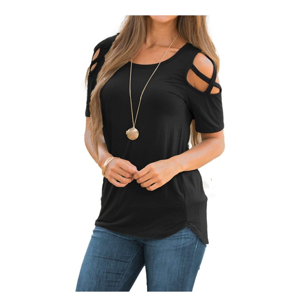 Damen Sommer T-Shirt mit Cold Shoulder Schnitt - Kurzarm Rundhalsausschnitt Schmales Strappy Design - Lässige Tunika Bluse Shirt
