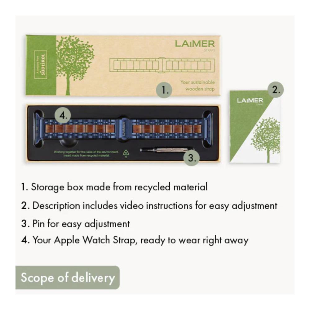 Natürliches Walnuss-Edelstahl-Armband für Apple Watch | Ersatzarmband Holz Blau | Kompatibel mit Serie 8 7 6 5 4 3 2 1 | 42mm 44mm 45mm | Hochwertiges Metallarmband Ultra & SE