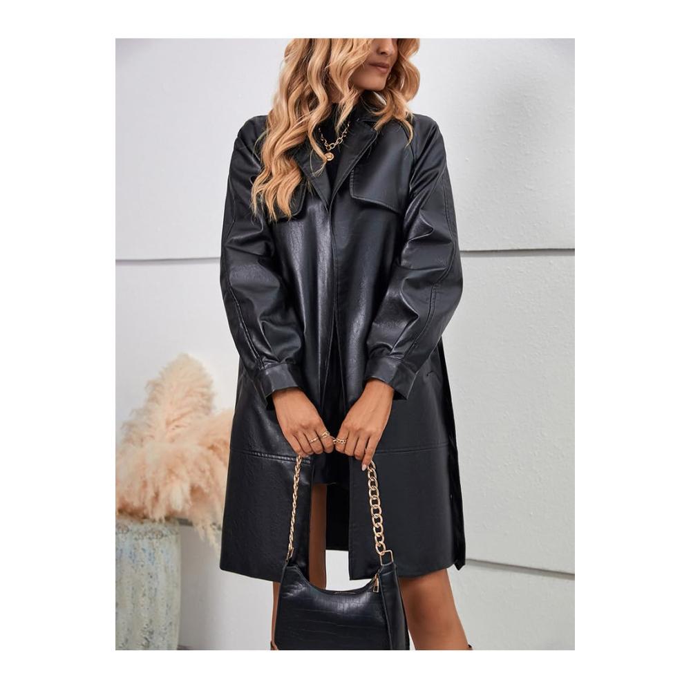 Trenchcoat Damen Eleganter PU-Lederjacke in Schwarz Mittellang mit Schnürrevers