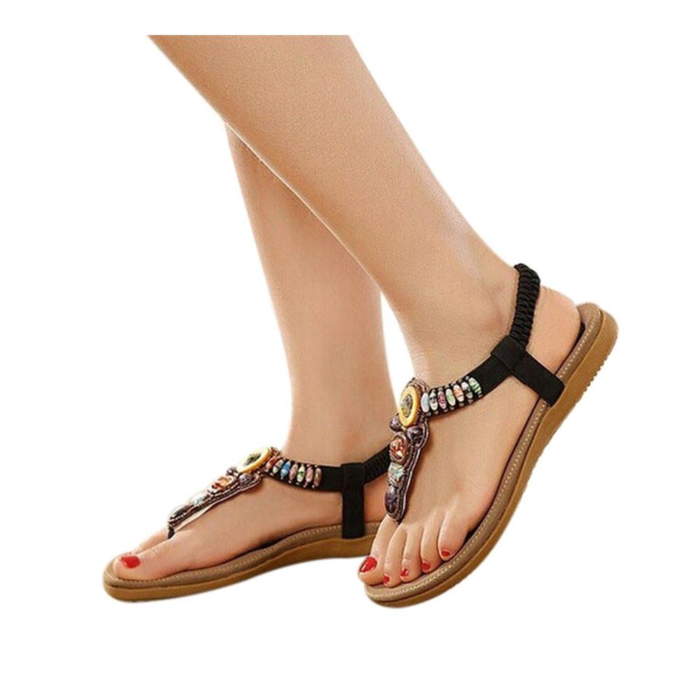 Böhmische Edelstein Perlen Sandalen Damen Sommer Strand Flip Flops in Schwarz Größe 40