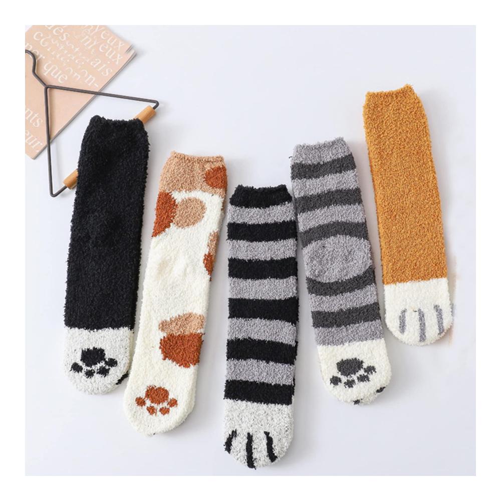 Warme Damen Stoppersocken 5er Pack | Flauschige Coral Fleece Katzensocken | Winter Hausschuhsocken mit Katzenkrallen | Damen-Mittelrohrsocken für Zuhause | Fuzzy Plüsch Schlafsocken