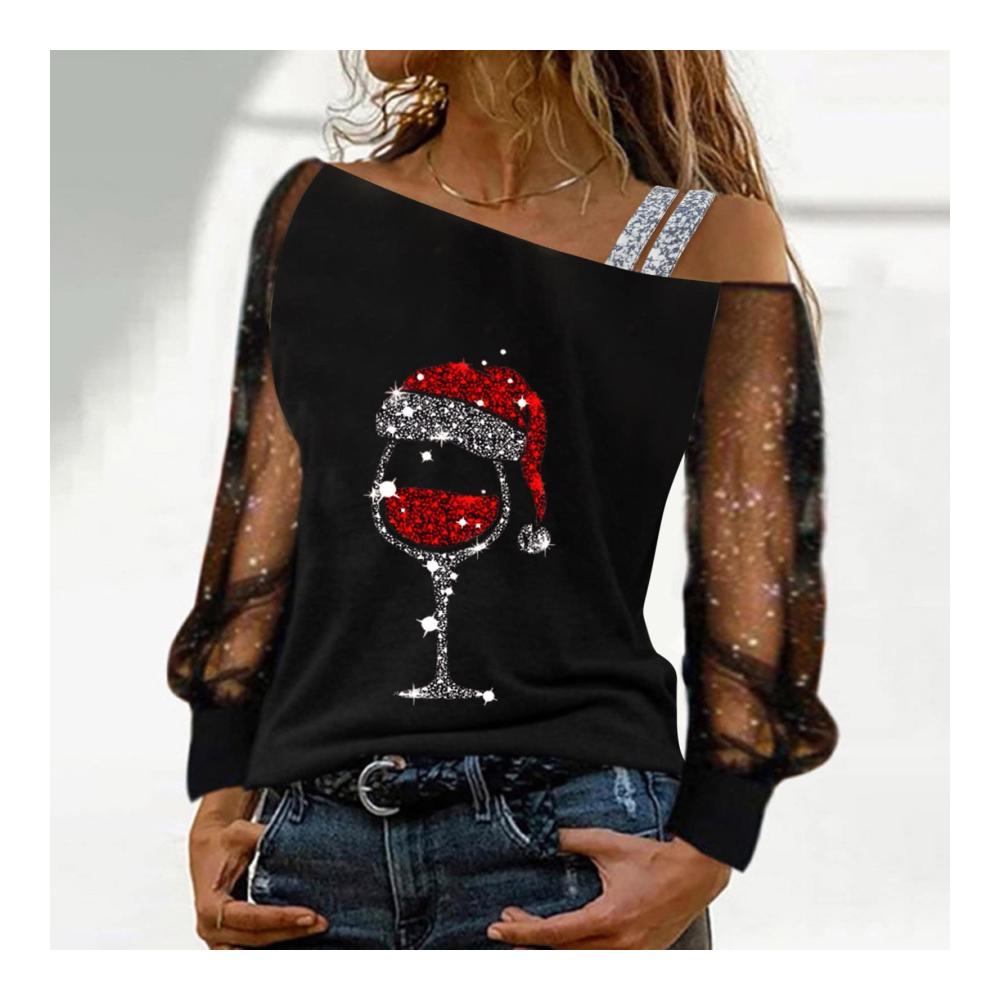 Langarmshirts Damen Bluse mit Glitzer und Spitze - Sexy Schulterfrei Shirt für Frühling und Sommer - Damen Langarm Sweatshirt als Elegant Streetwear - Tunika Tops mit Hemdblusenstil