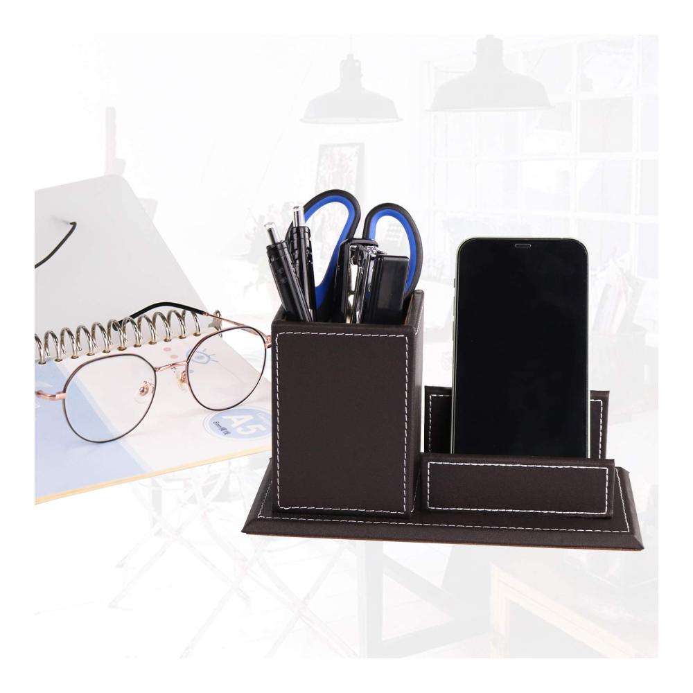 Brillenhalter Ständer aus braunem PU-Leder mit Brillenbändern & -ketten inkl. 2 Brillentüchern für Schlafzimmer Schule Büro - Damen Herren Kinder