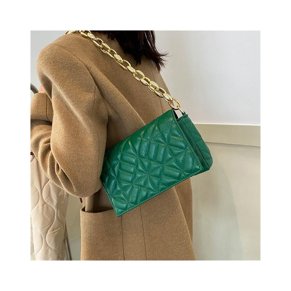 Schultertaschen 2023 Trendige Karomuster Umhängetasche mit Dicker Kette - Damen Handtasche in Schwarz (23x14x6cm