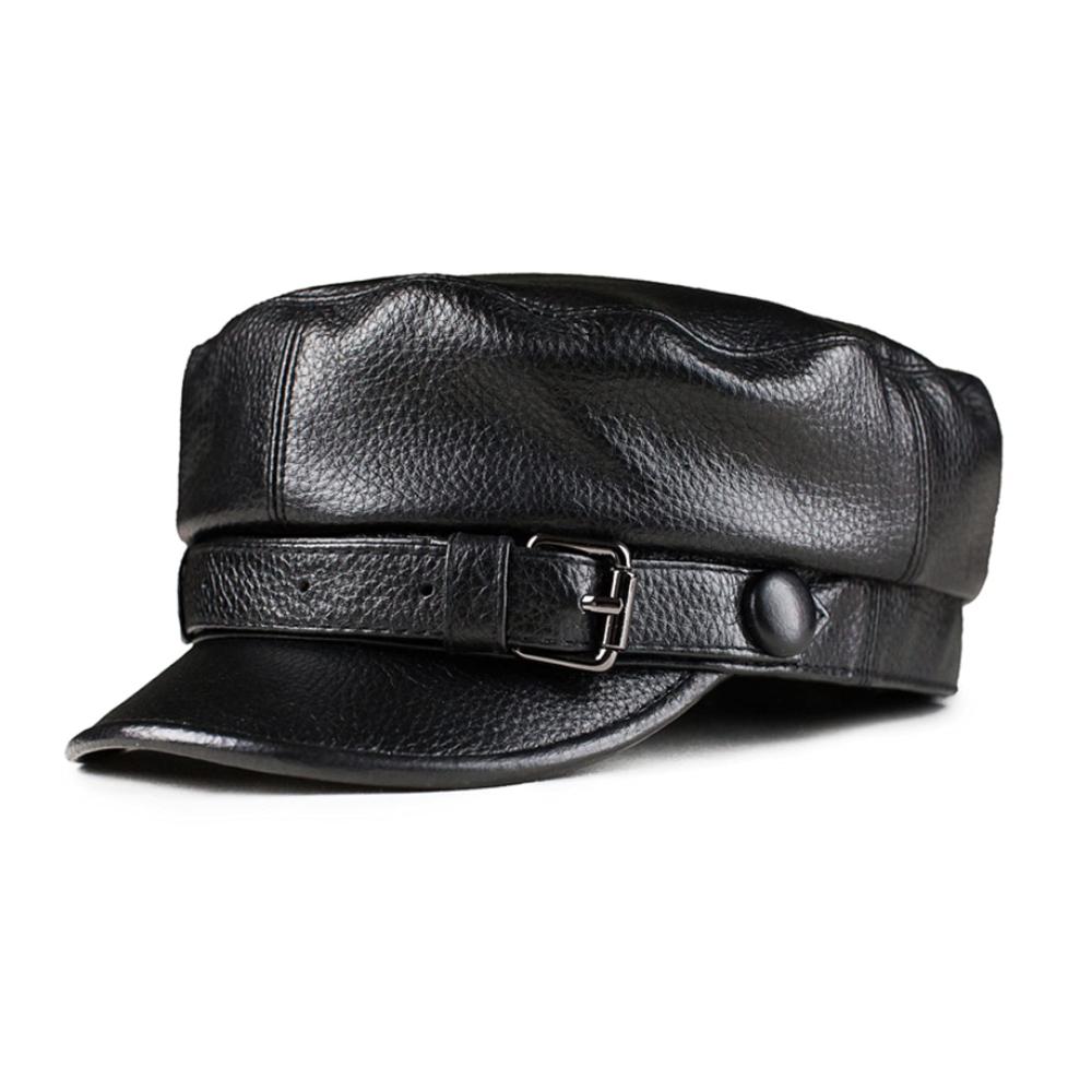 Schwarze XXL Schiebermütze aus Rindsleder mit Gürtel-Design – Militär Newsboy Cap für Damen