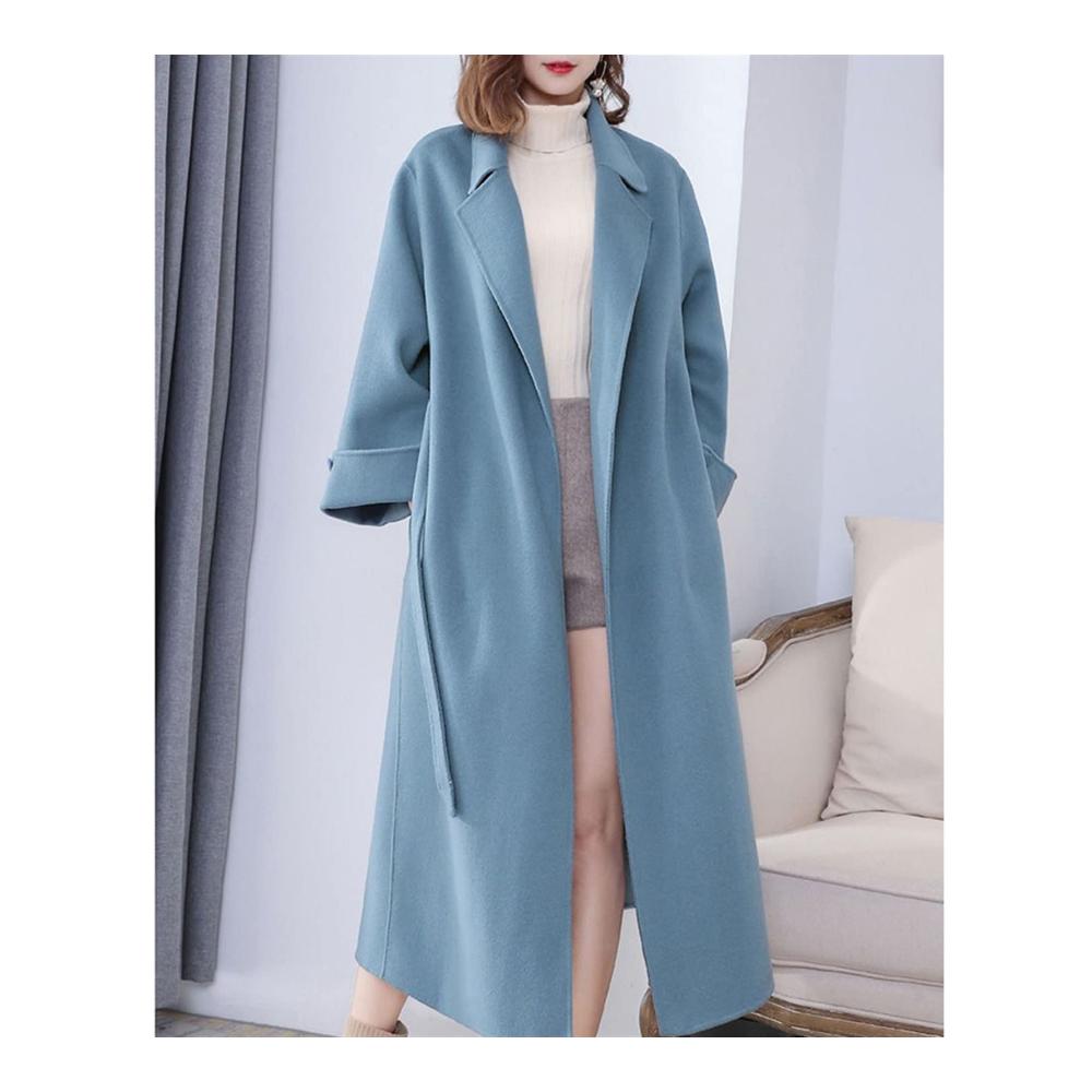 Damen Wintermantel Eleganter Wollmantel in Seeblau und Schwarz mit Gürtel