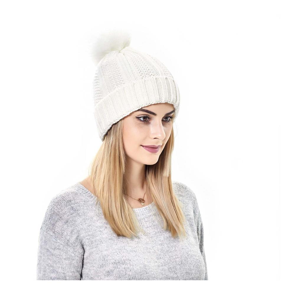 Kuschelige Strickmütze für Damen - Wintermütze mit Kunstfell-Bommel - Warme Beanie mit Ohrenschutz - Gefütterter Strickmütze Perfekt für den Winter