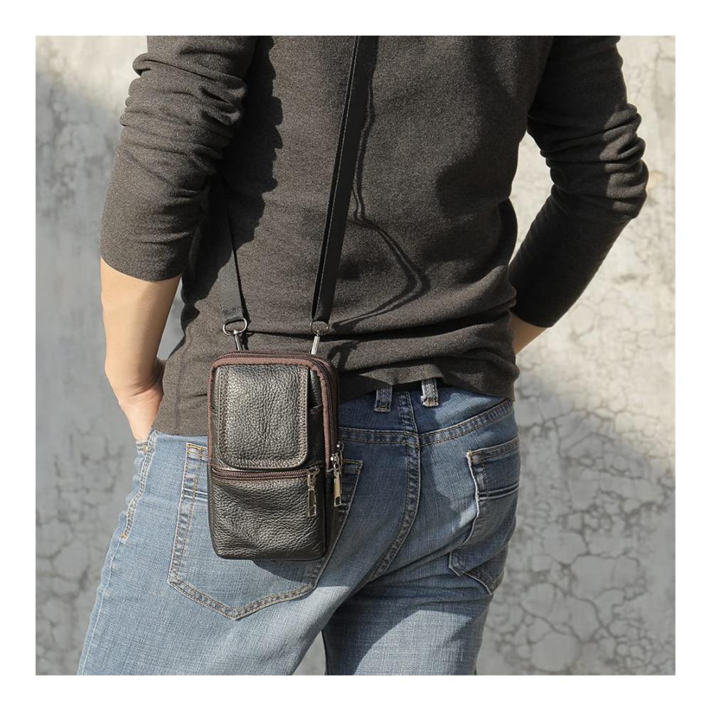 Herren Leder Hüfttasche mit Handyfach Multifunktionale Vertikale Schultertasche für Outdoor Gürteltasche mit Karabiner - Ideal für Handy Geldbörse & mehr