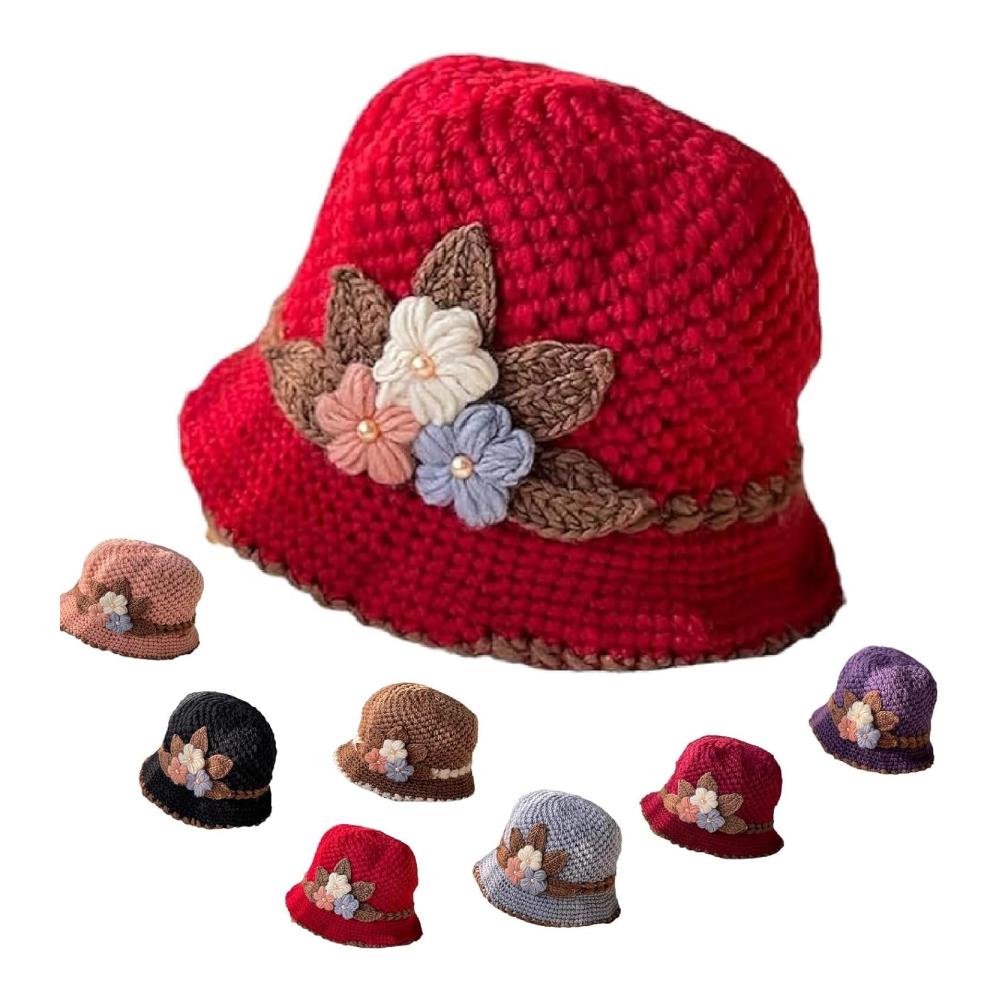Fröhliche Damen-Wintermütze Französische Blumen-Strickmütze aus verdickter Wolle | Beanie-Mütze für Damen - Herbstmodestil (Rot Mittelgroß