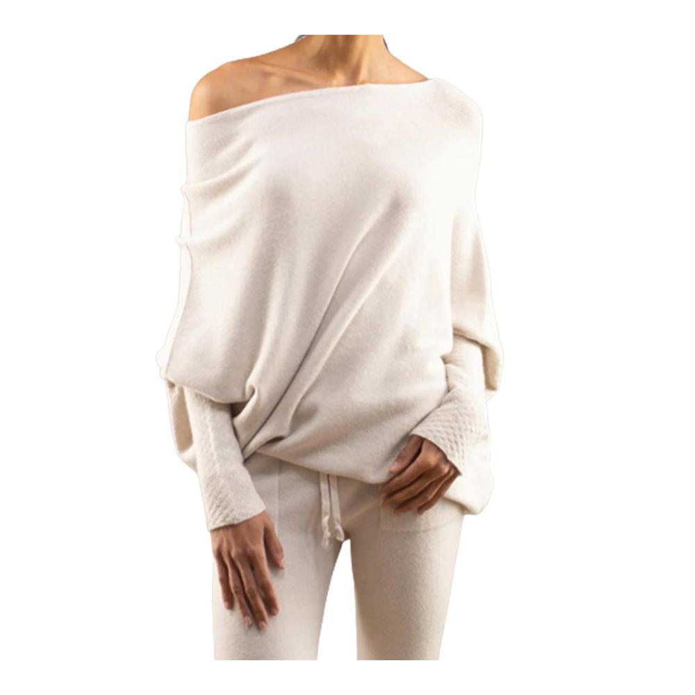 Asymmetrischer Damenpullover | Schulterfrei mit Fledermausärmeln | Eleganter One-Size Apricot-Pullover
