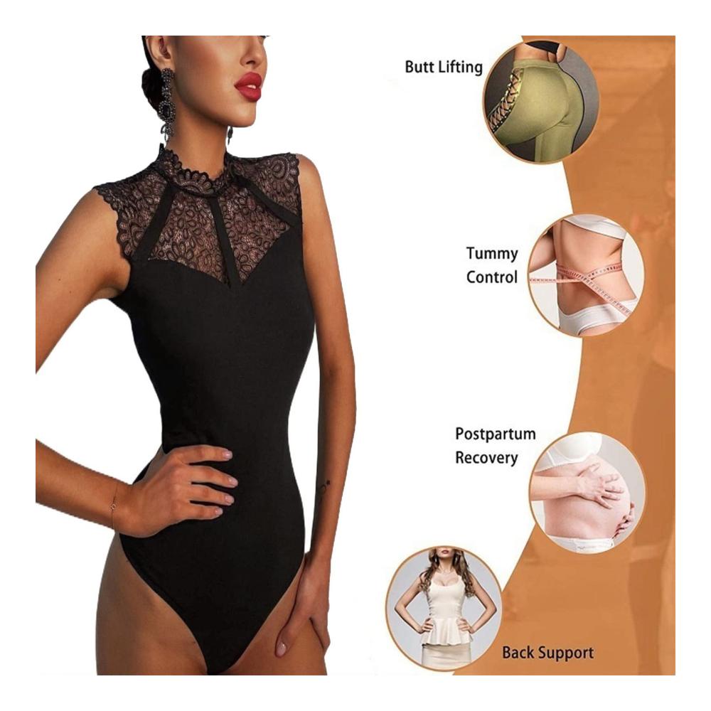 Ärmelloser Damen-Body mit sexy Stehkragen und Bauchkontrolle – Spitzen-Design für ultimative Eleganz und Komfort (weiß Größe L