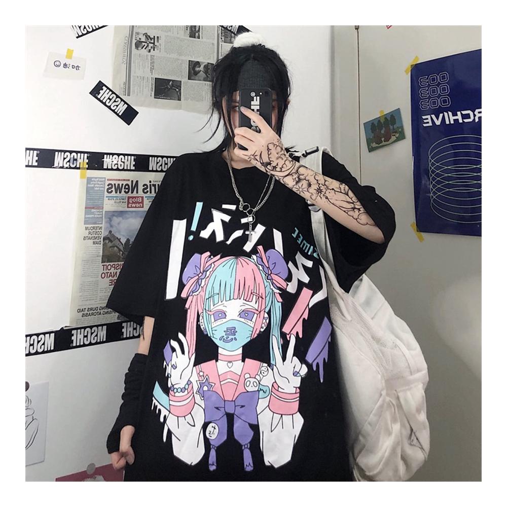 Sommer Gothic Anime Ästhetik Damen T-Shirt mit Harajuku Druck Casual Fashion Tops