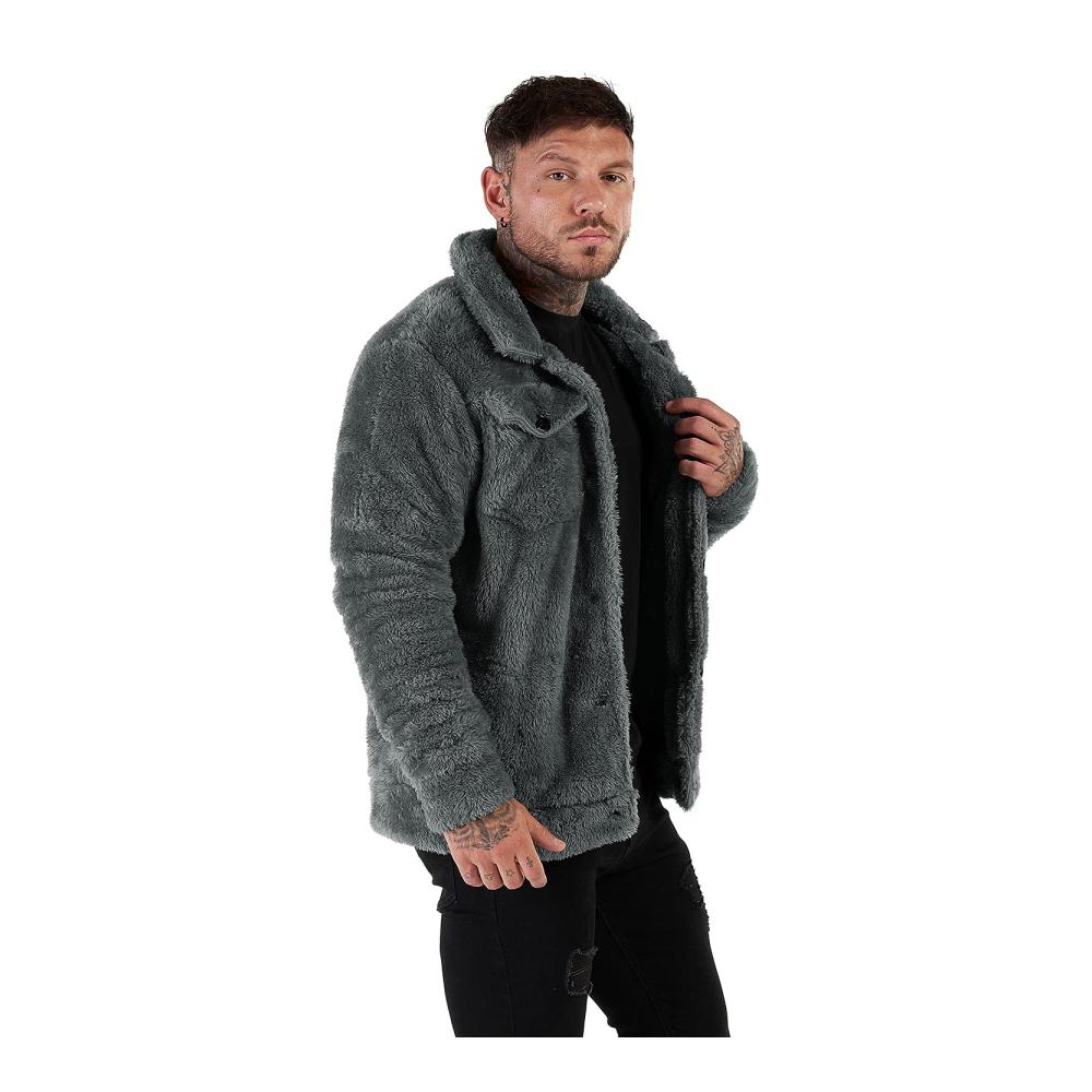 Sherpa Herrenjacke - Winterwarm Fuzzy Plüschmantel mit Knopftaschen