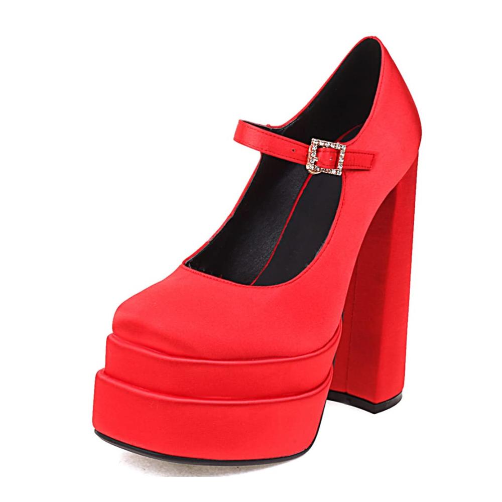 Plateau Chunky Blockabsatz Silk Satin Square Toe Pumps mit Hot Höhe Ferse - Trendige Knöchelriemchen Schnalles Design - Damen Wedge Dress Pumps in Rot (Größe 36
