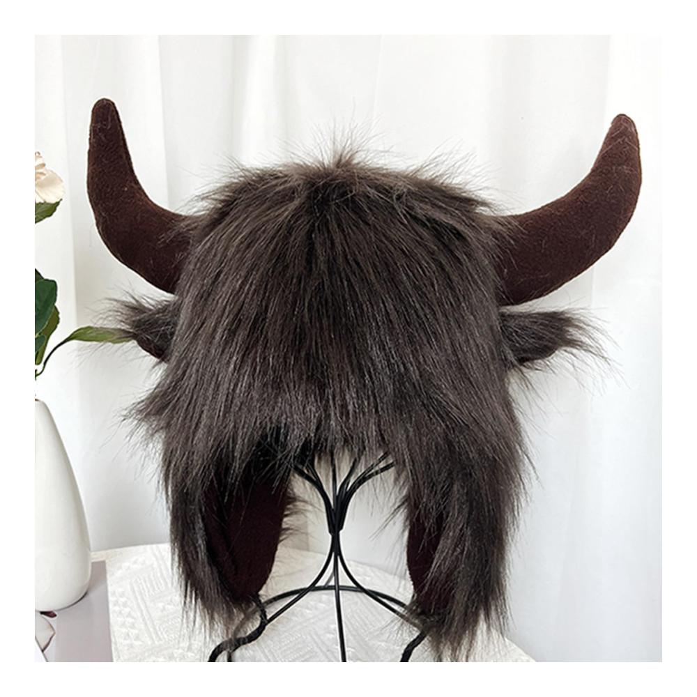 Fliegermützen Bison Hut mit Plüsch Horn - Perfekte Ohr Kopfbedeckung für Halloween Tier Cosplay Festival & Outdoor Abenteuer - Ideales Geschenk für Männer und Frauen