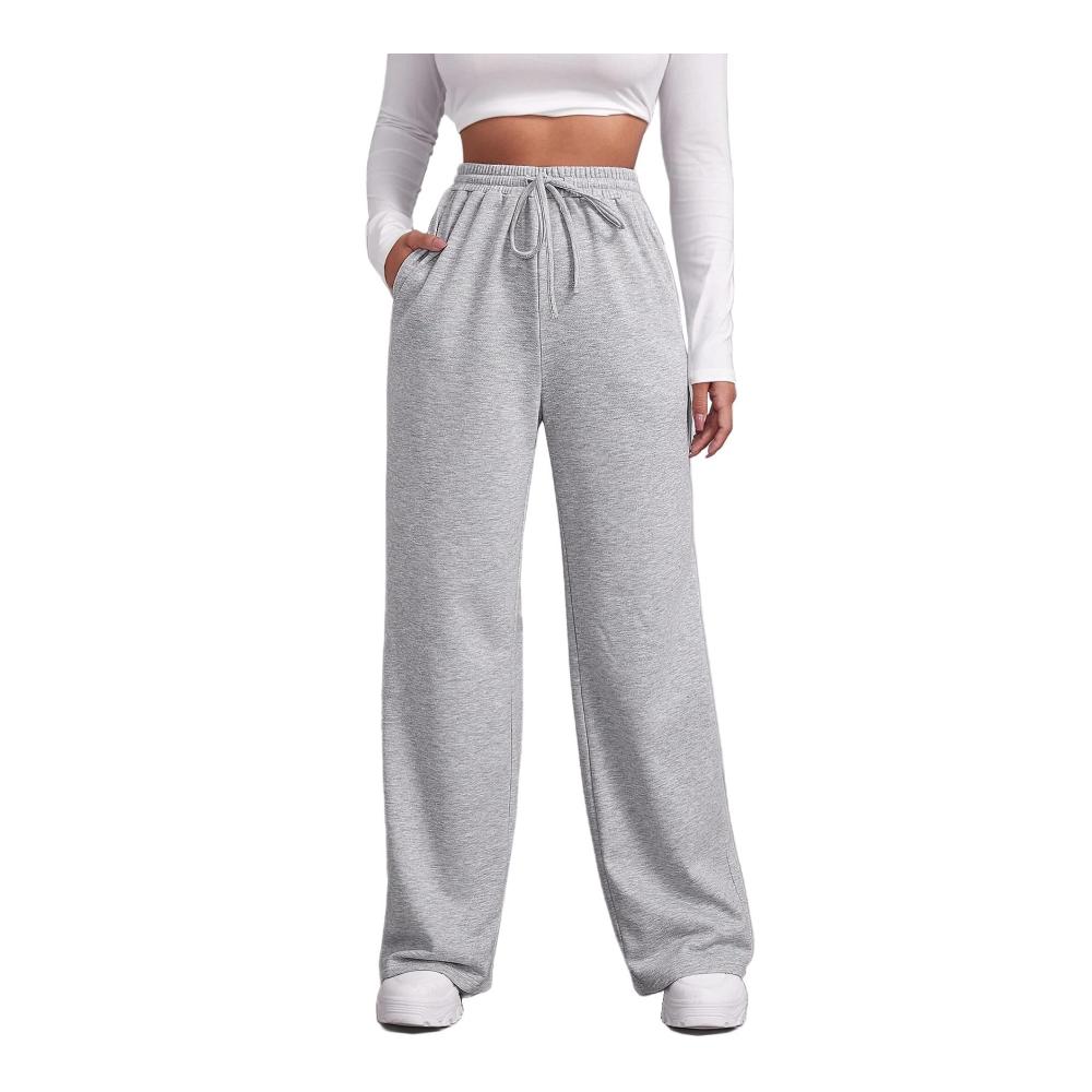 Bequeme Damen Jogginghose mit weitem Bein hoher Taille und Taschen – Elastische lockere Hose mit Kordelzug
