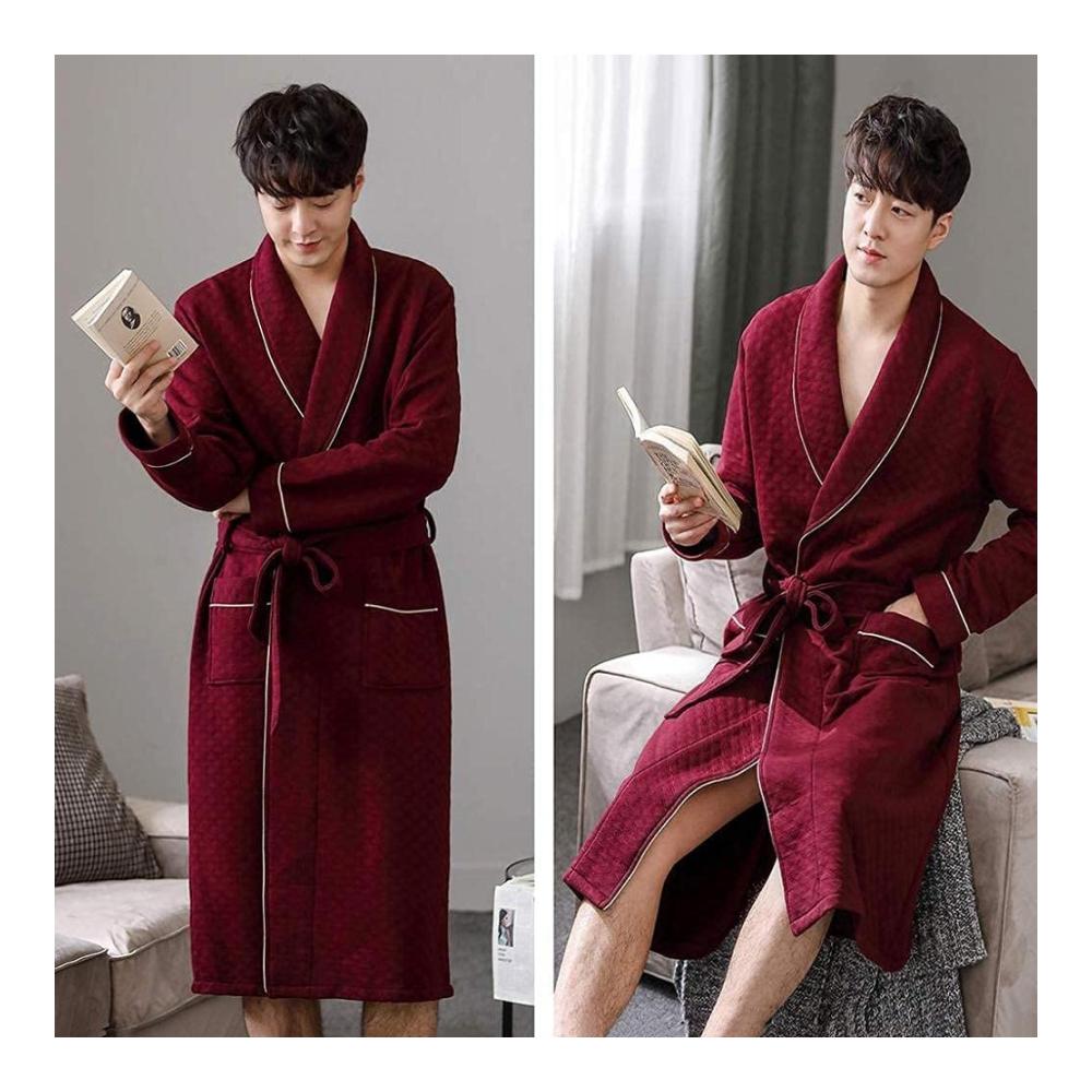 Eleganter Herren Bademantel aus 100% atmungsaktiver Baumwolle | Leichter Morgenmantel mit Taschen & Gürtel | Ideal für Frühling Sommer Herbst | Perfektes Geschenk für Partys | Robe in Rot Größe XL