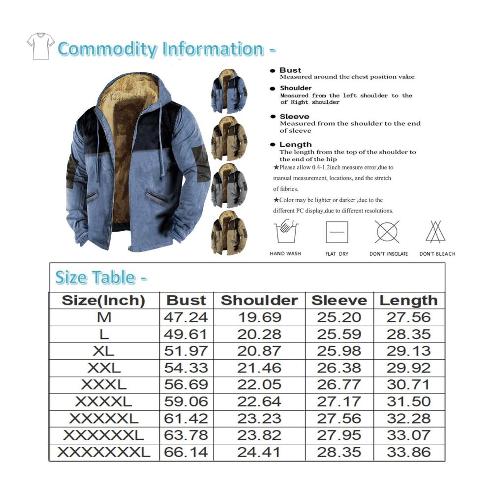 Winter Herrenjacke mit Warmfleece Kapuze und Vintage-Druck - Langarm Kordelzug Reißverschluss Taschen (Y01