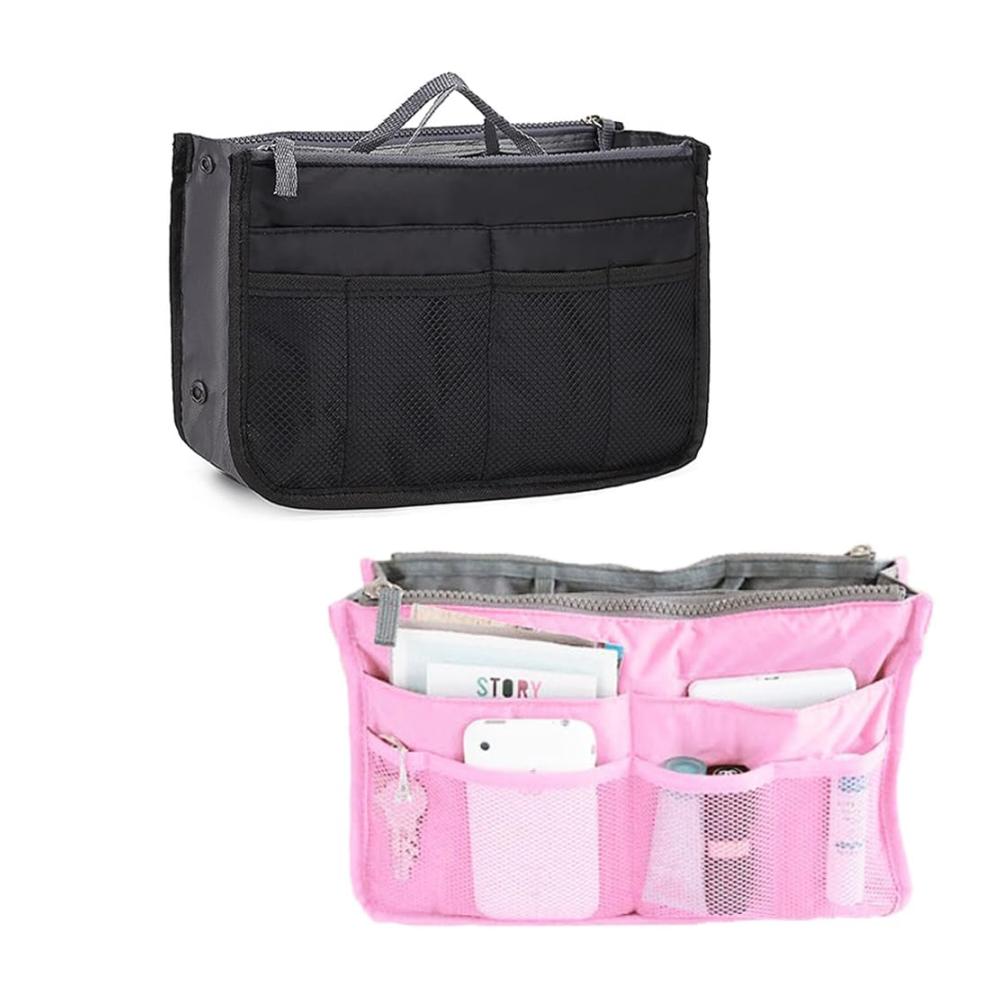 Multifunktionaler Handtaschen Organizer 2er Set – Schwarz und Rosa Damen Taschen Organizer für Reise Make-Up mit 13 Taschen Kosmetik Organizer Taschen für eine perfekte Handtaschenordnung
