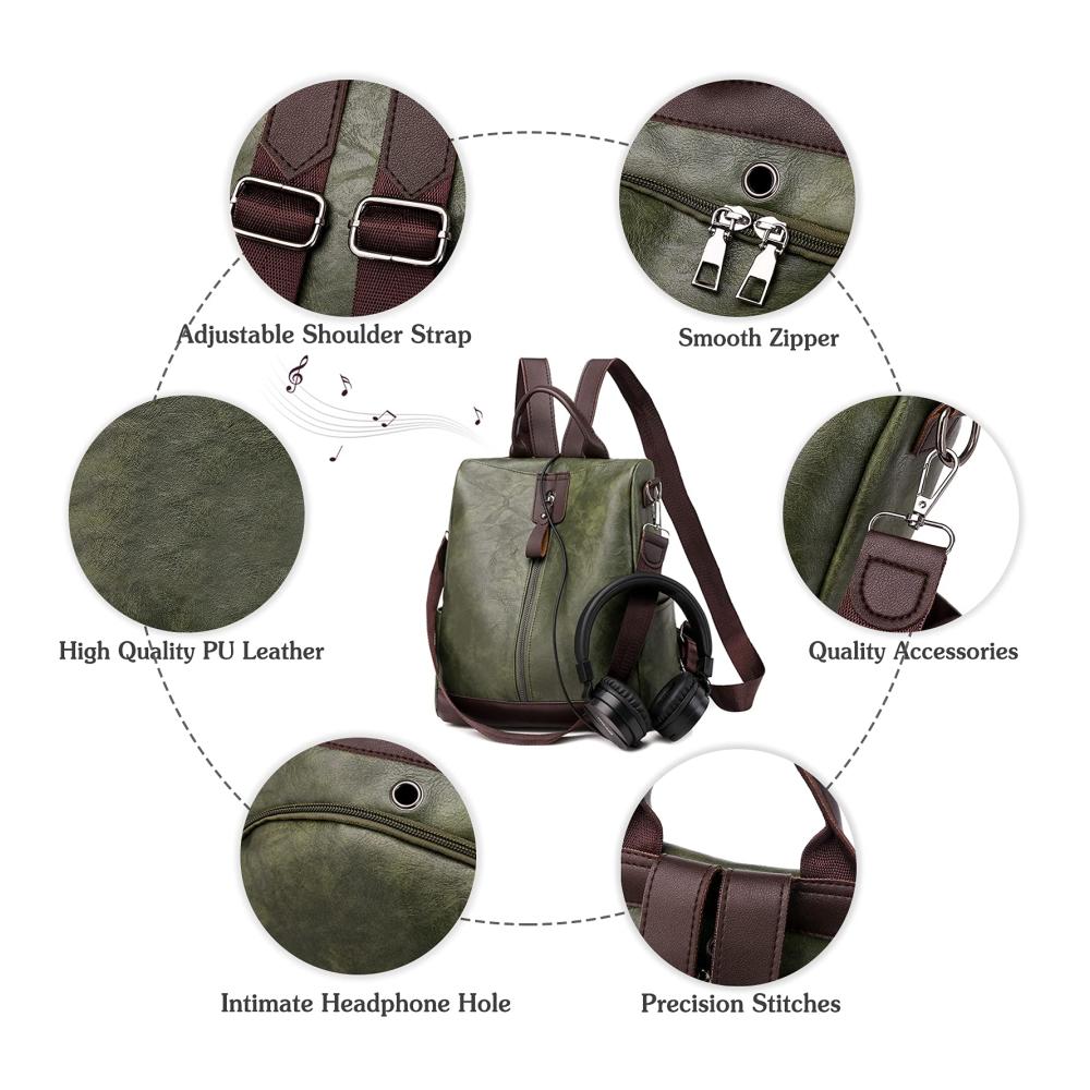 Damen Rucksackhandtasche Stilvolle Anti-Diebstahl Schultertasche mit Kopfhörerloch - Wasserdichtes PU-Leder ideal für Schule Arbeit und Reisen