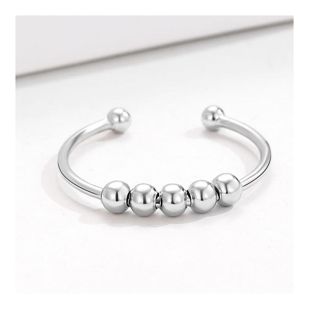 Anti Stress Ring Silber mit Beweglichen Perlen - Damen Mädchen Dünne Stapelbare Ringe für Dekompression Zappeln & Anxiety - Trendige Dekompressionsringe