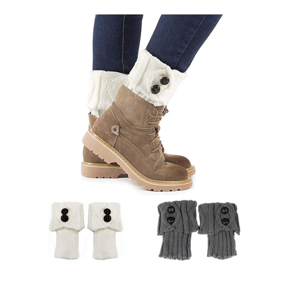 Damen Beinwärmer 2 Paar Warme Lang Stulpen Winter Stricken Leg Warmers mit Knopf Damen Stiefelabdeckung für Winterwärme (Weiß Grau