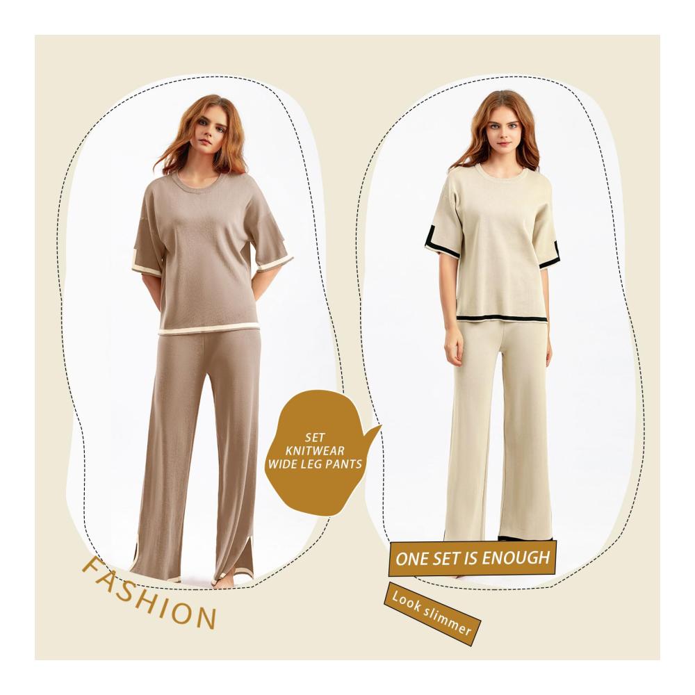 Damen Trainingsanzug Set Gestrickte Pullover Weite Bein Hose - 2-teiliges Causal Jogginganzug Outfit für Schlafen und Lounge