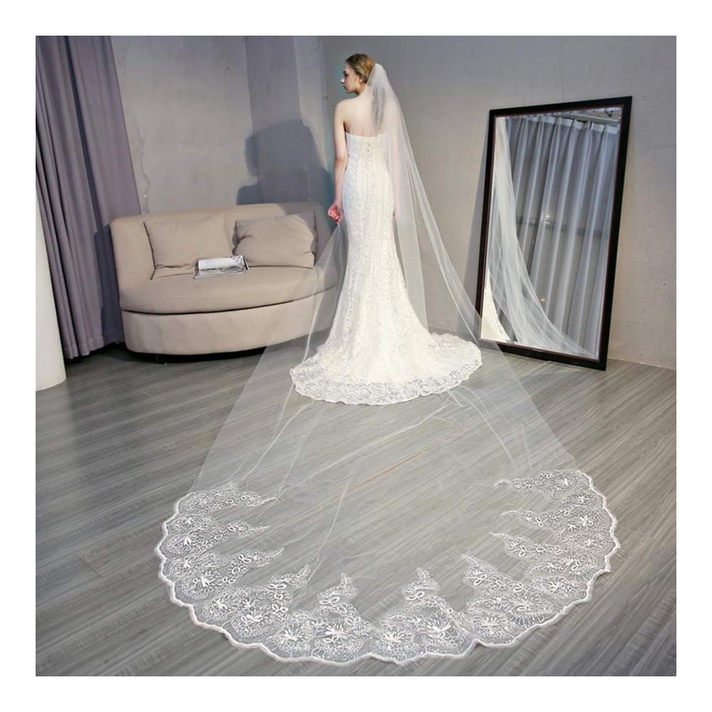 Hochzeitsschleier 4M mit Kathedrale Gestickter Blumenspitze und Kamm
