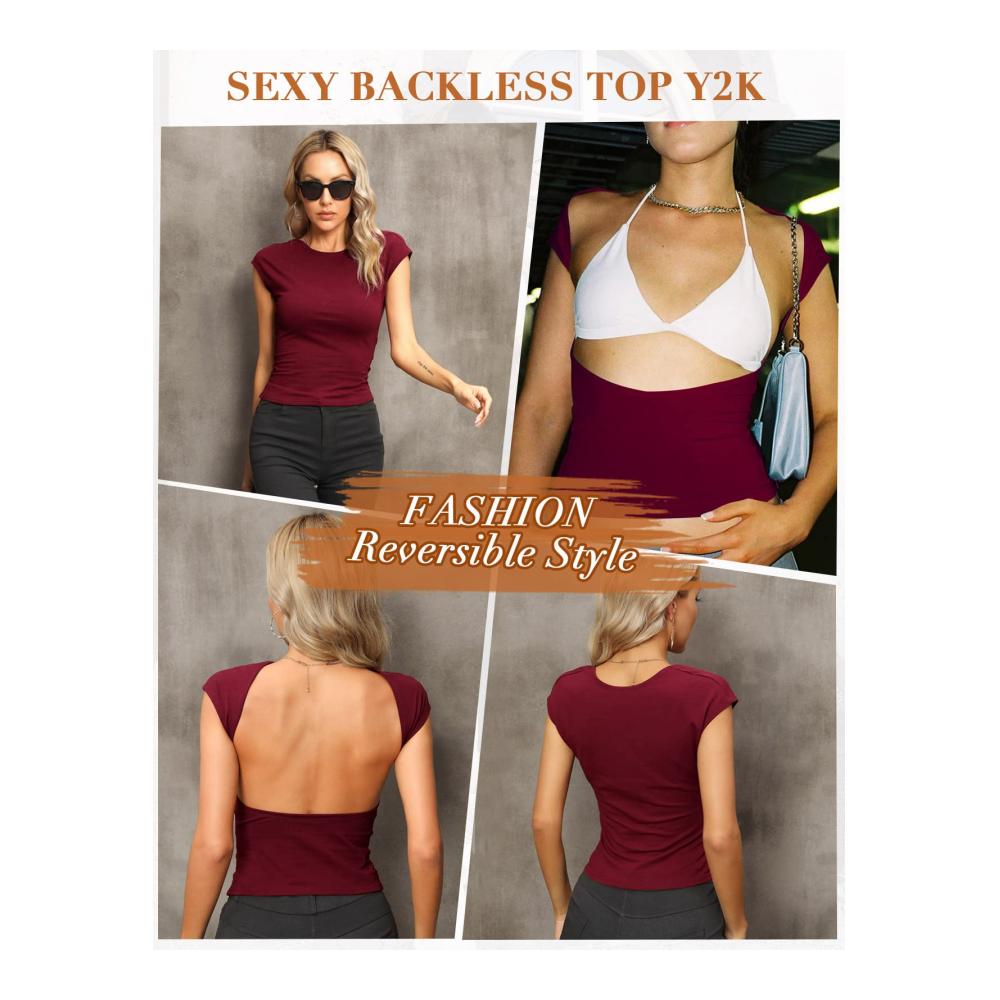Y2K Sommer-T-Shirt für Damen | Rückenfreies Crop Top mit Slim Fit | Kurzarm Bluse in Solider Farbe | Rundhalsausschnitt und Offener Rücken | Sexy Casual Fashion Tees für Streetwear
