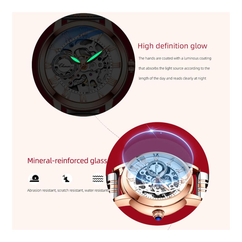 Roségold Damen-Armbanduhr mit automatischem mechanischem Uhrwerk Edelstahlband luxuriösem Skelett-Zifferblatt Diamanten und Eleganz