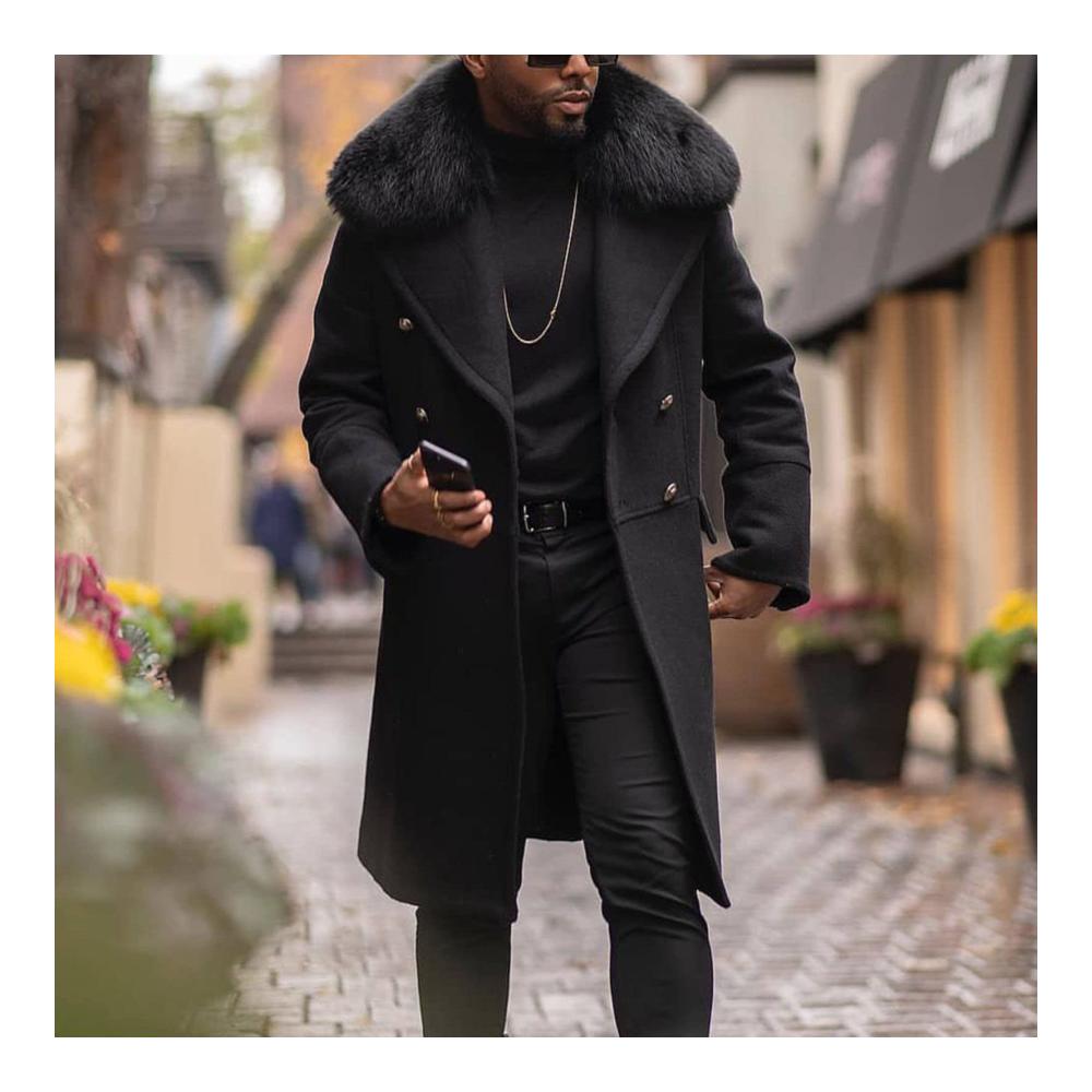 Herren Wintermantel Knielanger Business Mantel mit Pelzkragen - Windjacke aus erweiterter Wolle für Outdoor und Casual Style