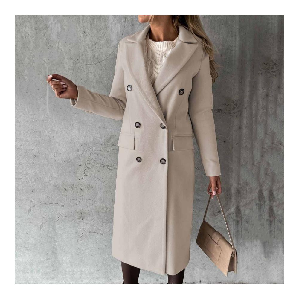 Damen Wollmantel mit doppelreihigen Knöpfen | Langärmliger Trenchcoat winddicht und schmal geschnitten mit klassischem Revers