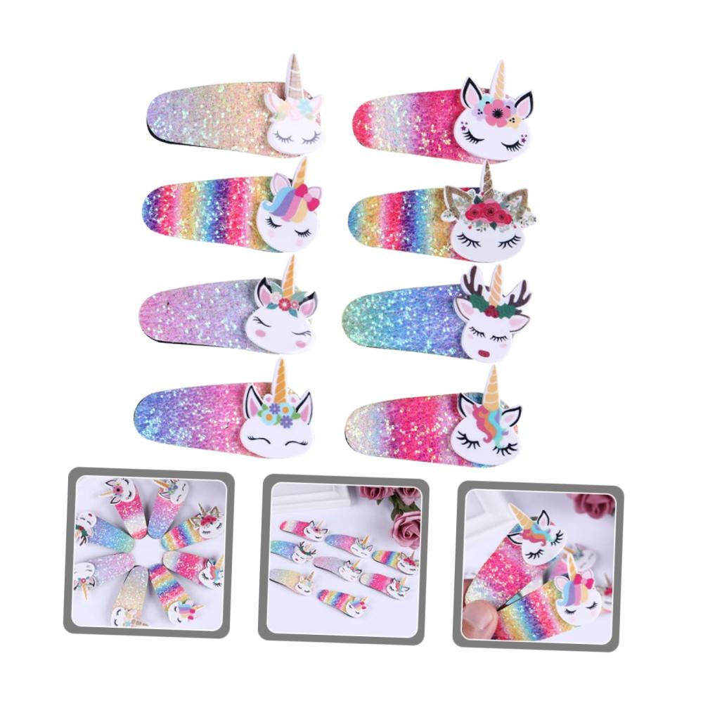 Einhorn Haarspangen Set für Kinder - 8 Stück Süße Haarnadeln aus Metall mit Paillettenstoff Knopf und niedlicher Karikatur für Baby Mädchen