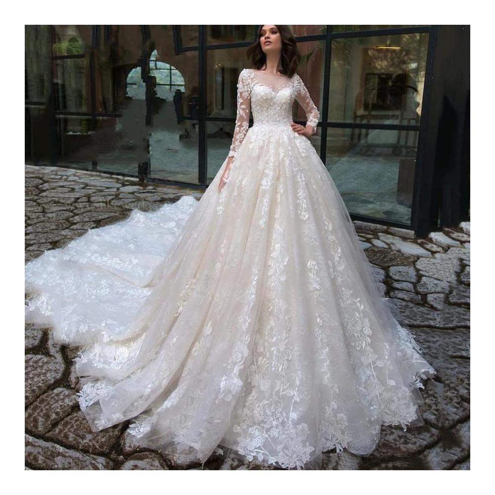 Hochzeitskleid Damen Spitze Langarm Maxikleid Stickerei Weiß - Brautkleid Lang Abendkleid