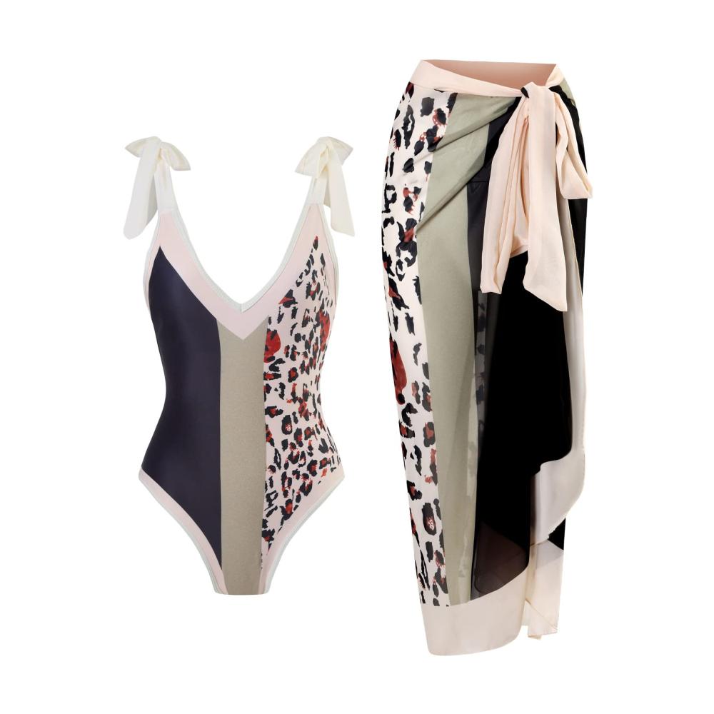 Monokini Damen Sexy Push-up Bikini mit Vintage Druck V-Ausschnitt und High Waist - Sportlicher Einteiler elegantes Strandkleid inklusive