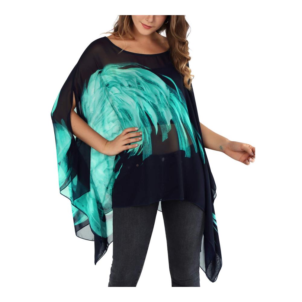 Damen Batwing Chiffon Bluse - Locker geschnittene Blusen & Tuniken mit Rundhals und Tuell-Einsatz