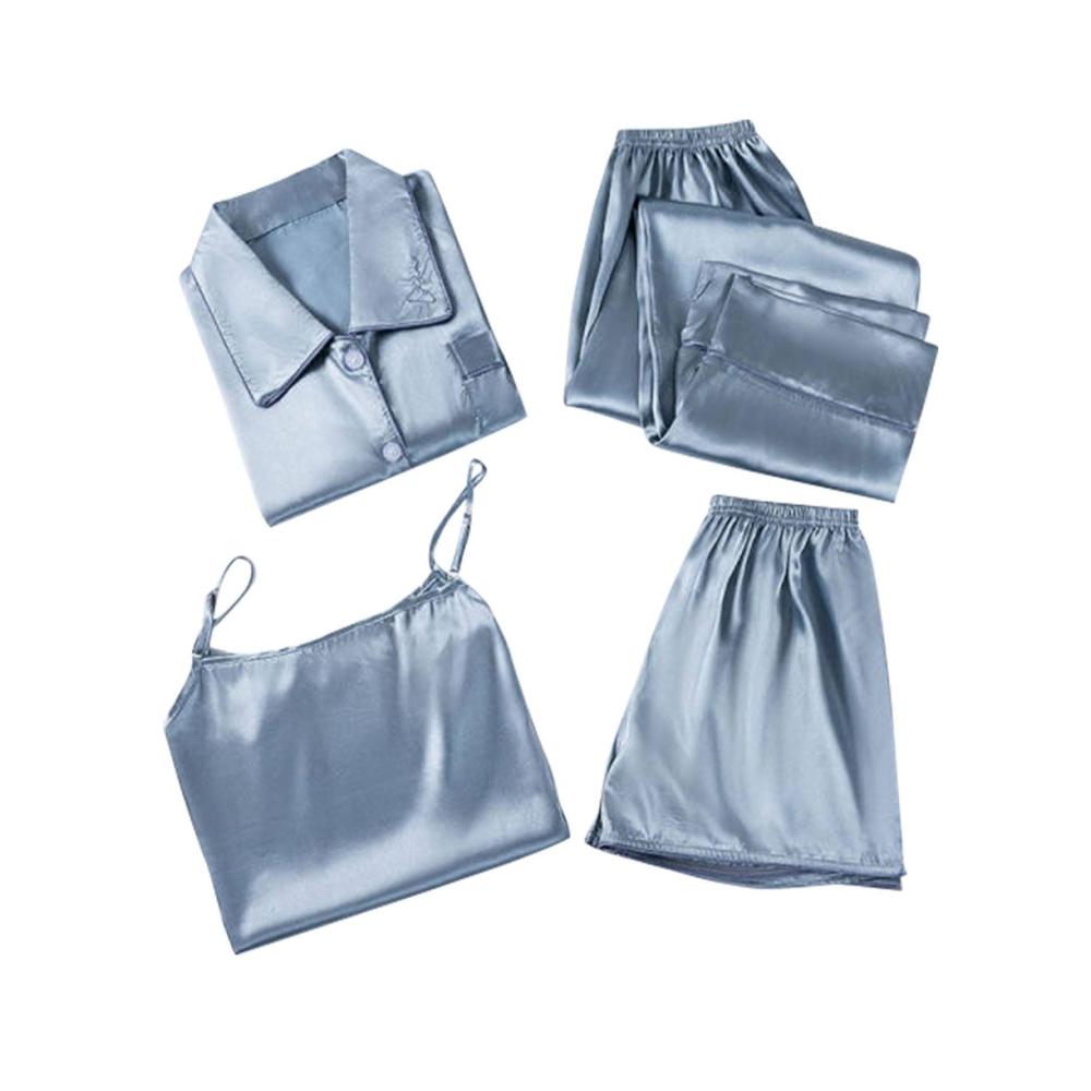 Damen Satin Pyjama Set Kurzarm Schlafanzug mit Cami Shorts und Loungewear - 4-teiliges Schlafanzug Kurz Set ideale Nachtwäsche für Frauen (B
