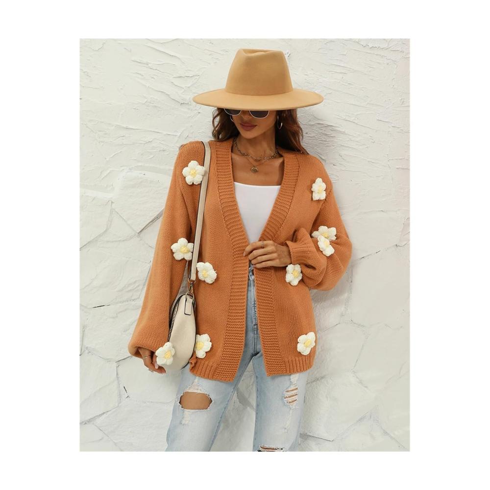 Blumen-Laternenärmel Strickjacke Lockere Häkelpullover für Damen Herbst-Winter-Mode
