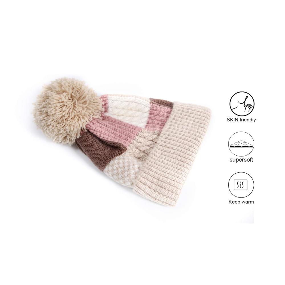 Damen Strickmütze mit Pompom - Winter Beanie für Outdoor-Sport und Ski warme und weiche gestrickte Mütze
