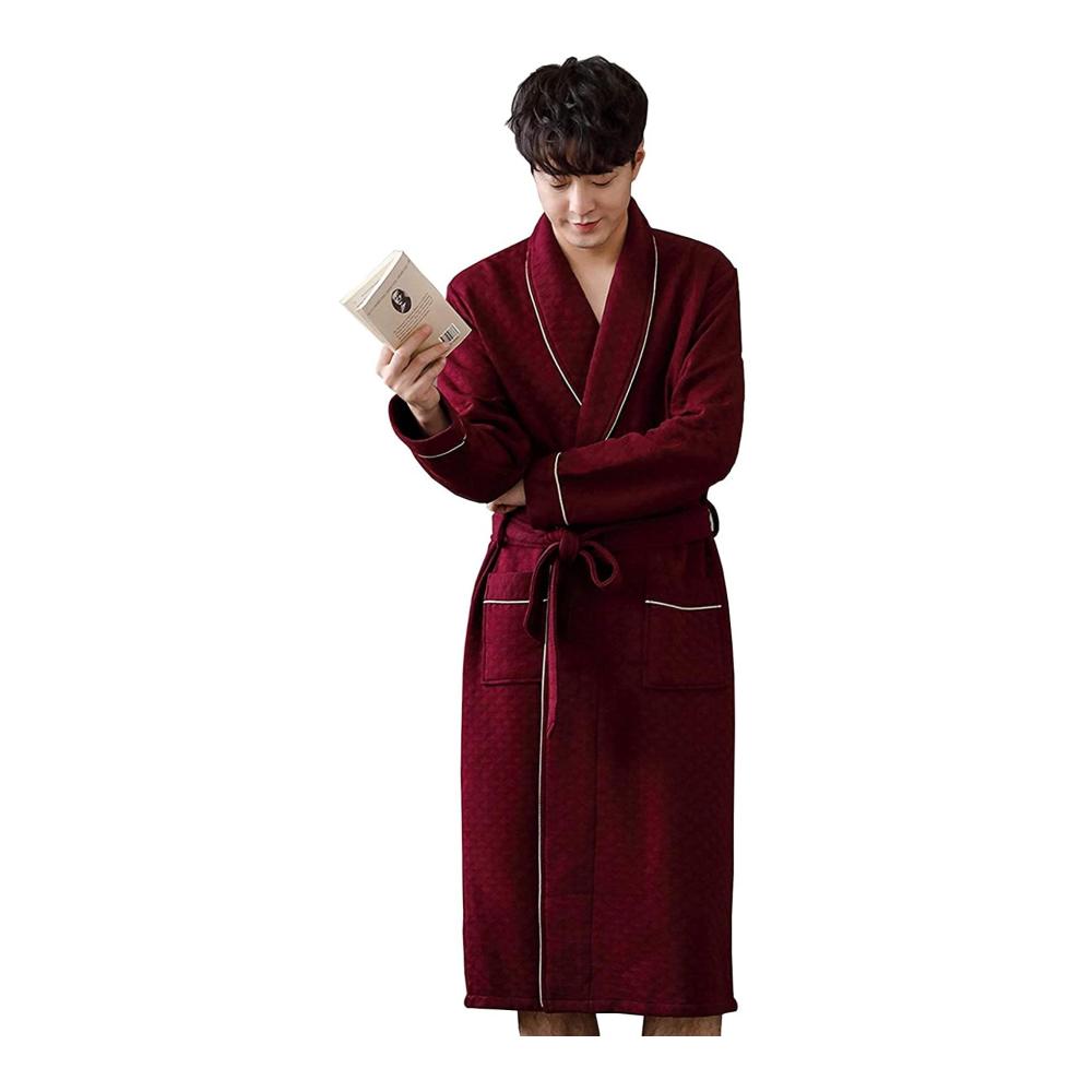 Eleganter Herren Bademantel aus 100% atmungsaktiver Baumwolle | Leichter Morgenmantel mit Taschen & Gürtel | Ideal für Frühling Sommer Herbst | Perfektes Geschenk für Partys | Robe in Rot Größe XL