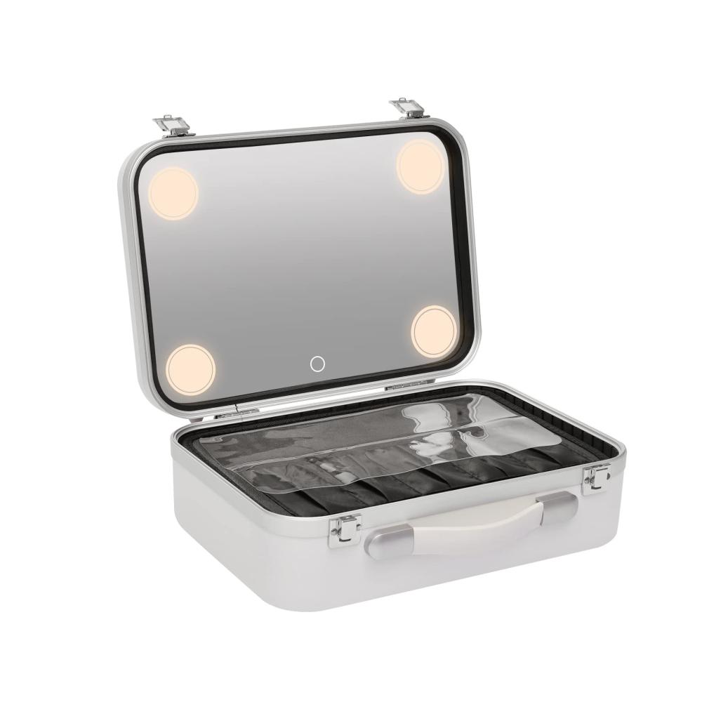 Multifunktionale Make-up-Box mit verstellbarem Beinspiegel dimmbaren LED-Lampen und kippbarem Spiegel – Friseur-Roller aus beleuchteter Aluminiumlegierung