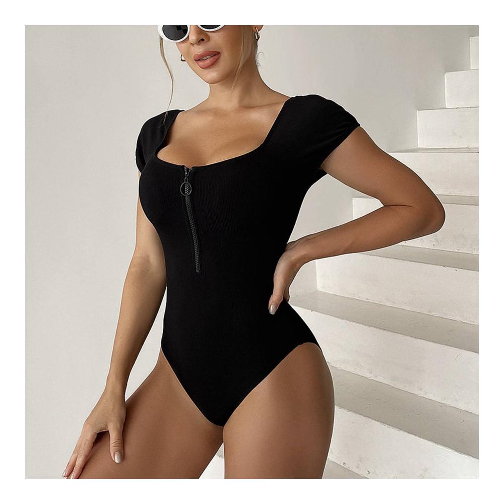 Badeanzug Damen Reißverschluss Kurzarm Schlanker Bikini für Strand und Pool - Modischer Einteiler in Einheitsfarbe
