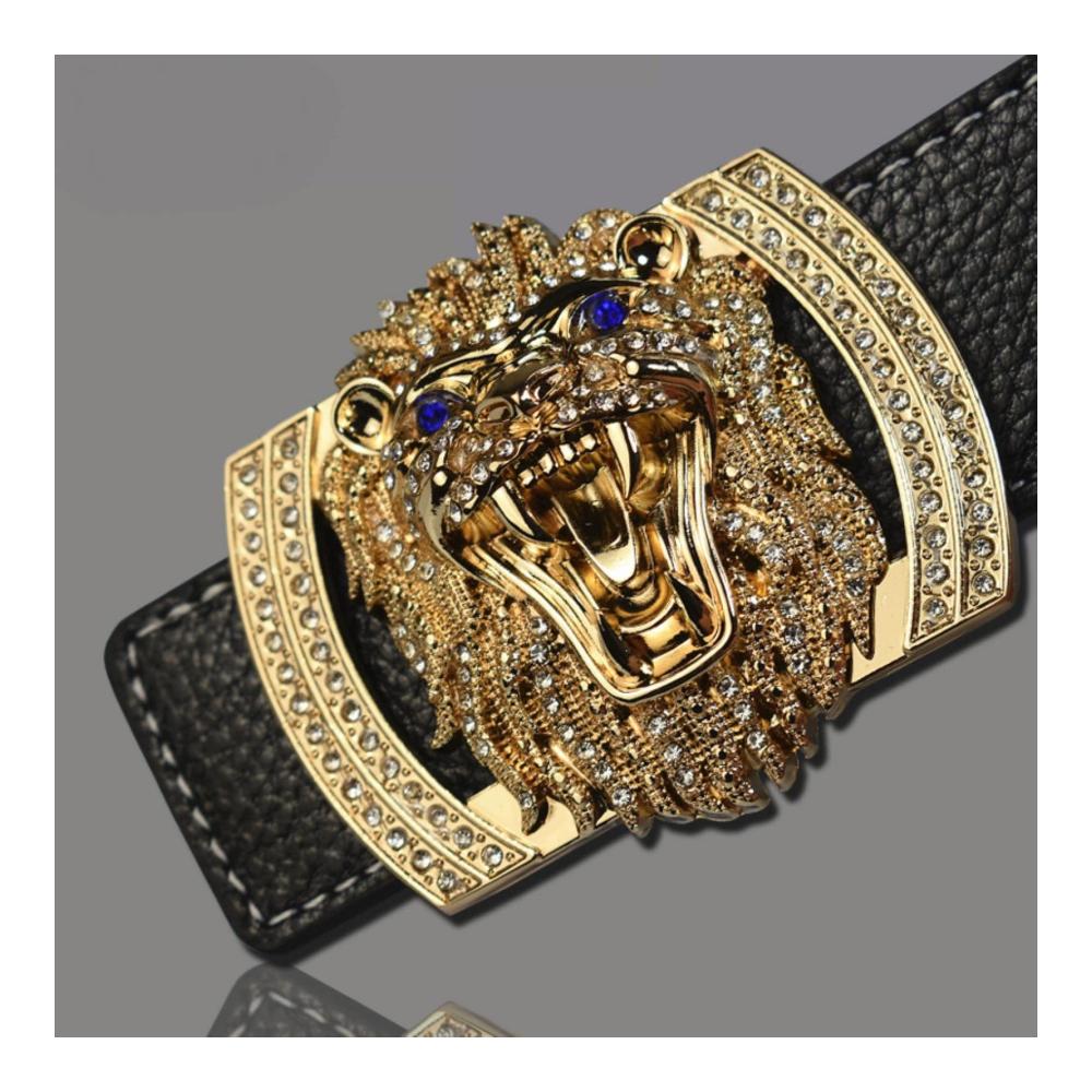 Luxus Ledergürtel mit Glanz Diamant-Löwenkopf-Schnalle für stilbewusste Männer und Frauen - Silber/Schwarz 125 cm