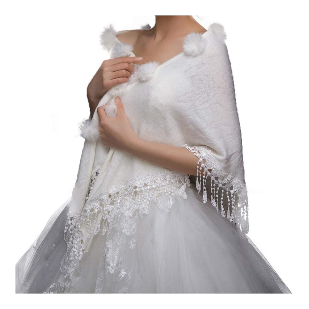 Winter Hochzeitsschals mit Pompom Quaste - Damen Umschlagtücher und Schals für die Braut Dreieckige Hochzeitsjacken für elegante Wärme