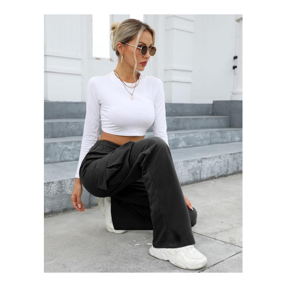Damen Cargo Hose High Waist Baggy - Elastische Bund Cargohose mit Taschen Streetwear Y2k Style - Weites Bein Straight Fit - Svanco Fashion
