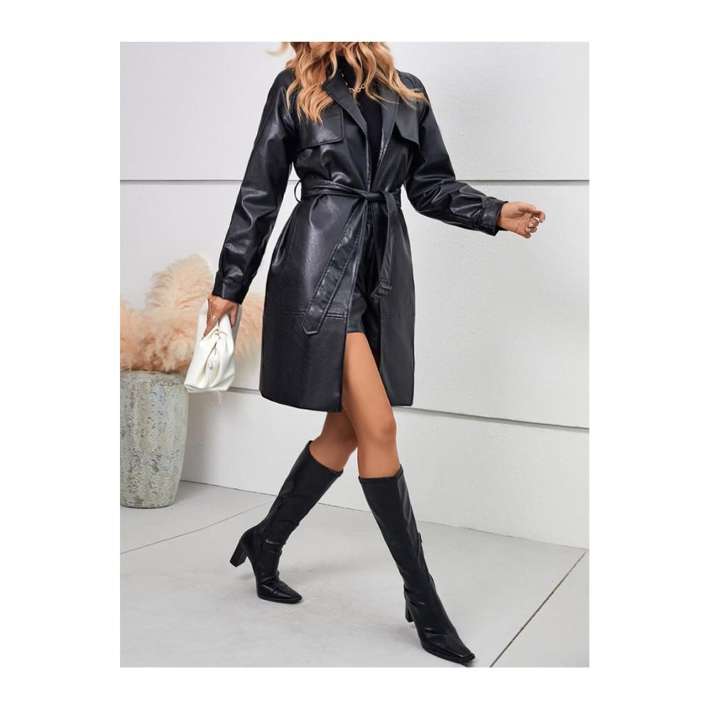 Trenchcoat Damen Eleganter PU-Lederjacke in Schwarz Mittellang mit Schnürrevers